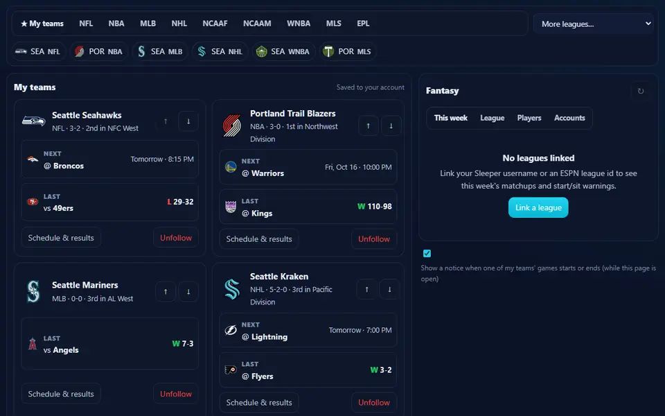 Sports & Fantasy on My teams: six followed Seattle and Portland teams from the NFL, NBA, MLB, NHL, WNBA and MLS as chips, cards for the Seahawks, Trail Blazers, Mariners and Kraken with their records, next games and last scores, and the fantasy panel