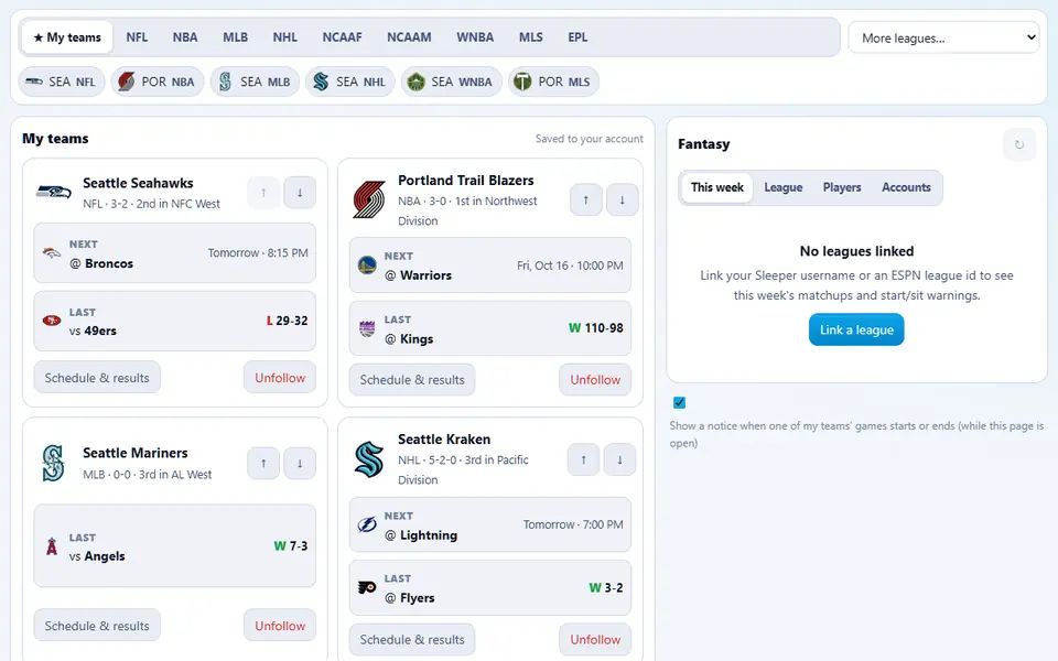 Sports & Fantasy on My teams: six followed Seattle and Portland teams from the NFL, NBA, MLB, NHL, WNBA and MLS as chips, cards for the Seahawks, Trail Blazers, Mariners and Kraken with their records, next games and last scores, and the fantasy panel