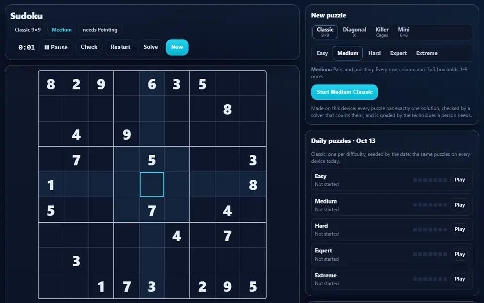 A medium classic Sudoku with the puzzle picker and daily puzzles
