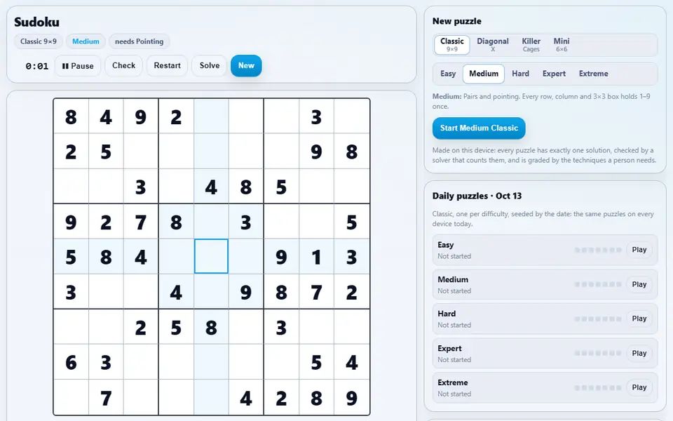 A medium classic Sudoku with the puzzle picker and daily puzzles