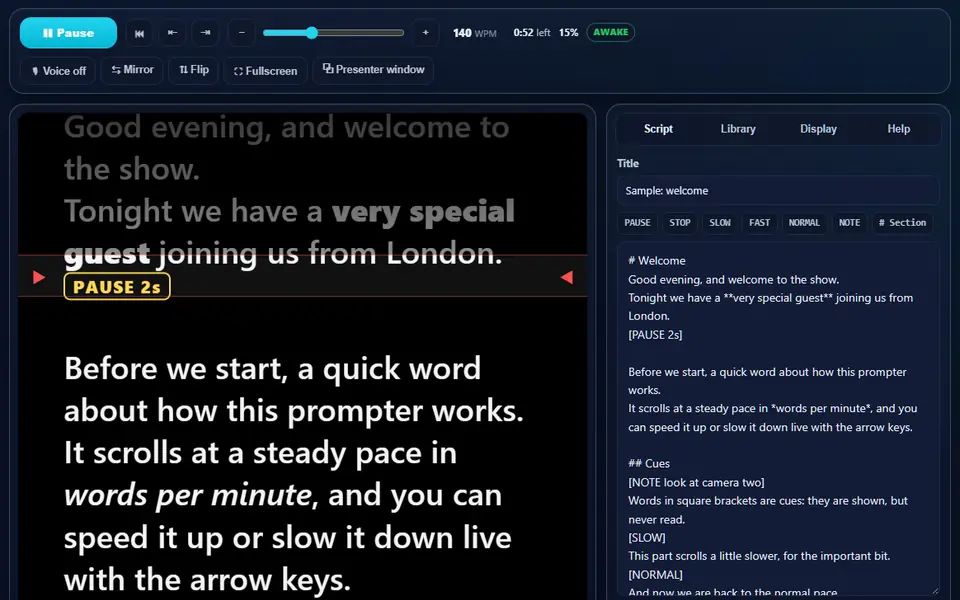 Teleprompter rolling a welcome script in large white text on black, the reading line marking the current section, a PAUSE cue badge, speed and time-left readouts above, and the script editor with cue buttons beside it
