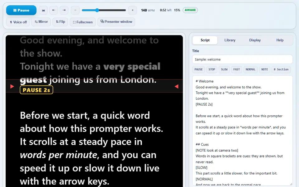 Teleprompter rolling a welcome script in large white text on black, the reading line marking the current section, a PAUSE cue badge, speed and time-left readouts above, and the script editor with cue buttons beside it