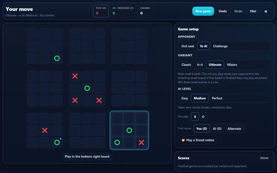 Ultimate tic-tac-toe against the computer about ten moves in: nine small boards with X and O marks, the board to play next highlighted, the score strip and the game setup panel