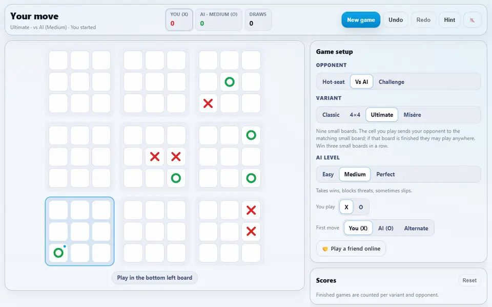 Ultimate tic-tac-toe against the computer about ten moves in: nine small boards with X and O marks, the board to play next highlighted, the score strip and the game setup panel
