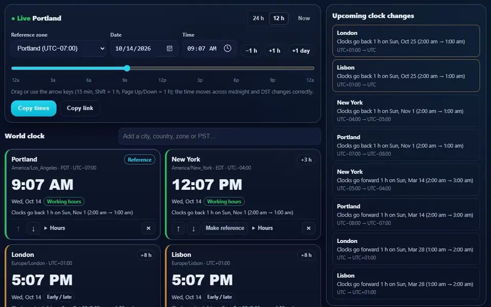 Time Zone Converter with a live world clock for Portland, New York, London, Lisbon, Tokyo and Sydney, a time slider and the upcoming daylight-saving clock changes