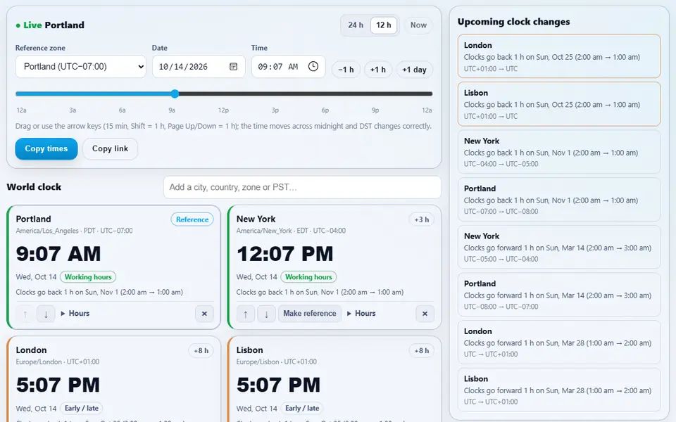 Time Zone Converter with a live world clock for Portland, New York, London, Lisbon, Tokyo and Sydney, a time slider and the upcoming daylight-saving clock changes