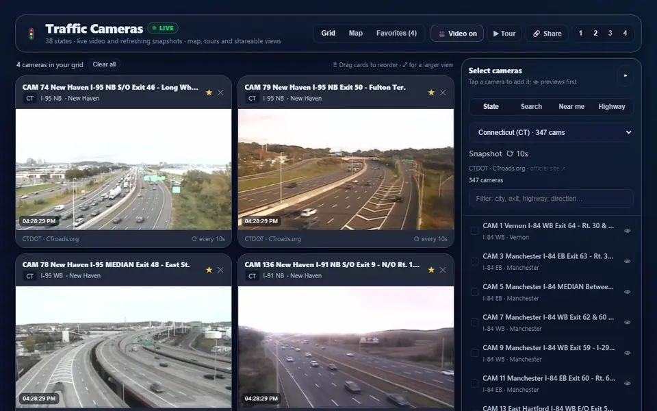 Traffic Cameras showing four live Connecticut DOT cameras on I-95 and I-91 with the camera picker on the right