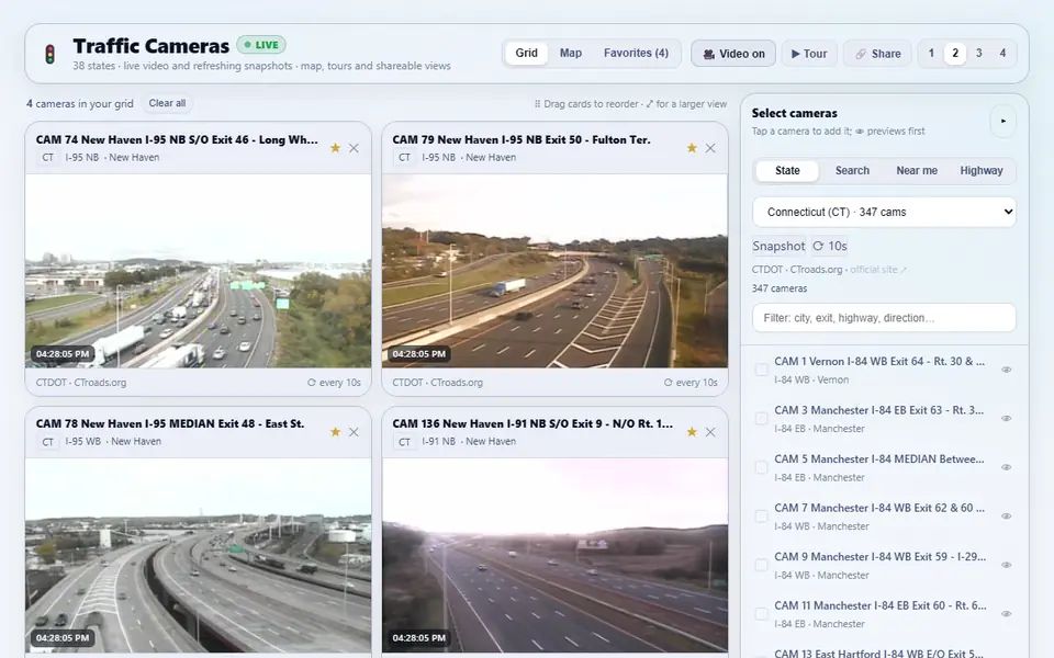 Traffic Cameras showing four live Connecticut DOT cameras on I-95 and I-91 with the camera picker on the right