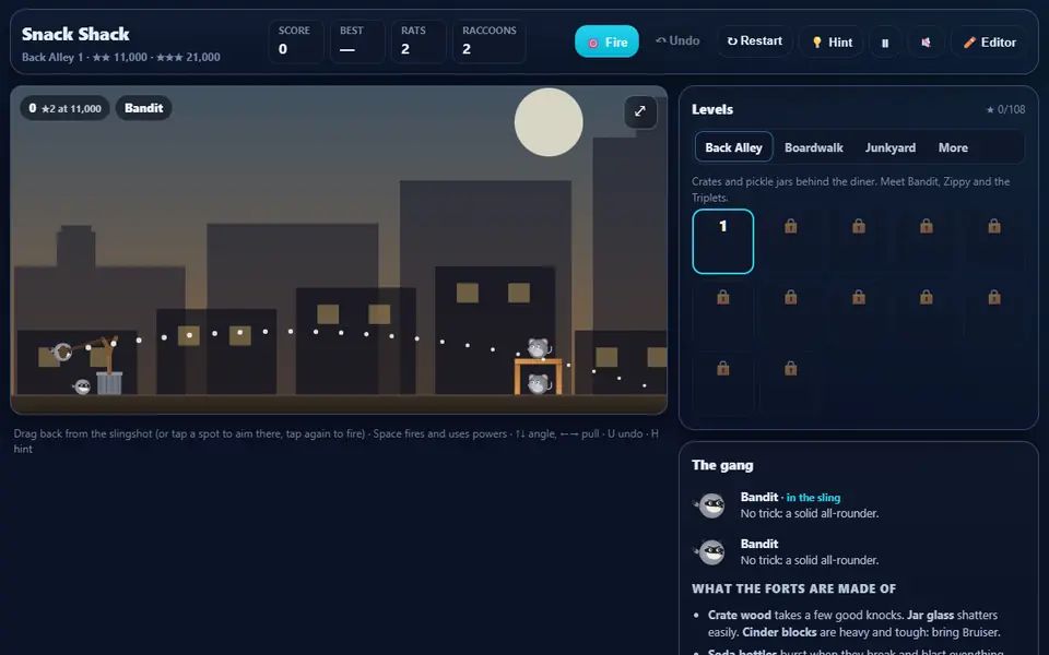 Trash Bandits aiming a raccoon from the slingshot, the dotted flight preview arcing toward two rats on a small wooden fort, with the level list and the gang on the right