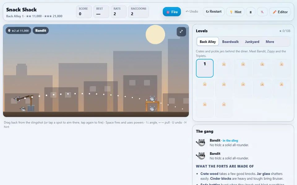 Trash Bandits aiming a raccoon from the slingshot, the dotted flight preview arcing toward two rats on a small wooden fort, with the level list and the gang on the right