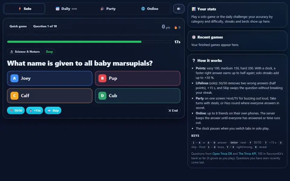 A Trivia quick game on question 1 of 10: a multiple-choice question with four colour-coded answers, the countdown bar and the 50/50, +15s and Skip lifelines