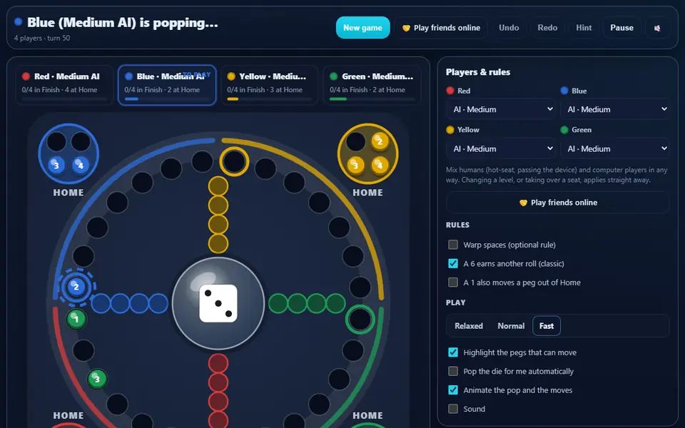 Trouble mid-game with four computer players: pegs out on the round track and in the Finish lanes, the Pop-O-Matic die in the middle, each player's progress, and the players and rules panel