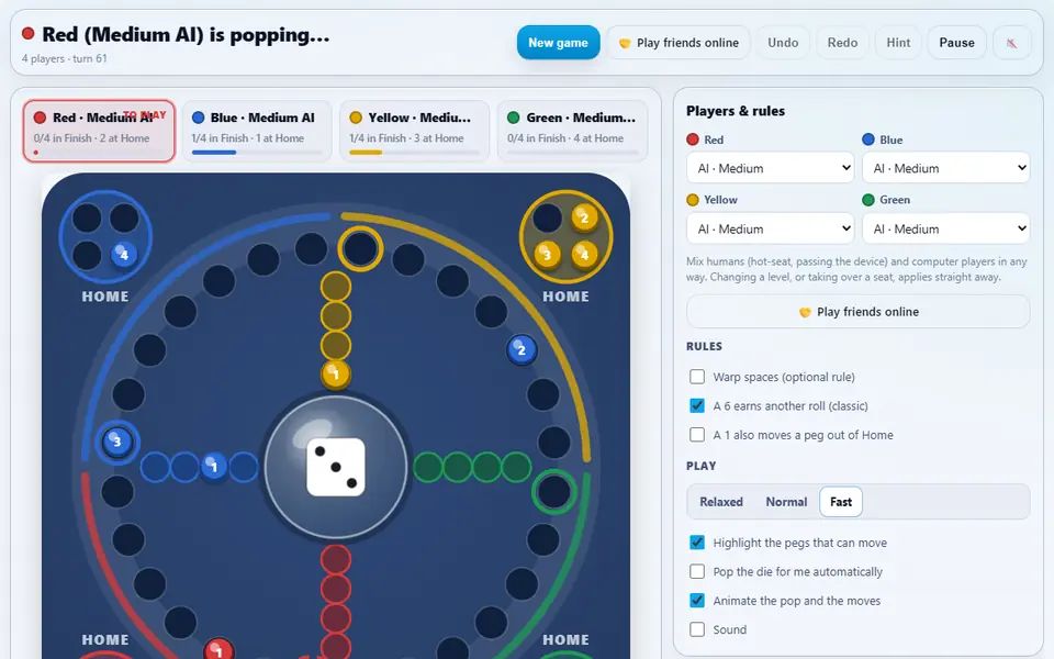 Trouble mid-game with four computer players: pegs out on the round track and in the Finish lanes, the Pop-O-Matic die in the middle, each player's progress, and the players and rules panel