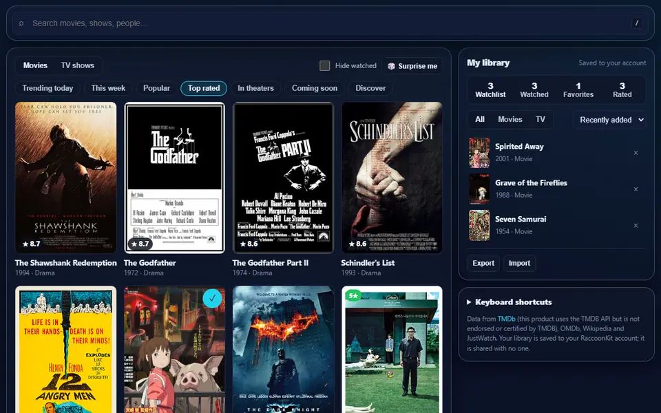 TV & Movie Lookup browsing the top rated movies as a poster grid with ratings, beside a library with a watchlist, watched titles, favorites and star ratings