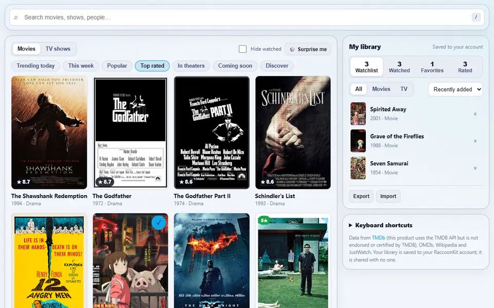 TV & Movie Lookup browsing the top rated movies as a poster grid with ratings, beside a library with a watchlist, watched titles, favorites and star ratings