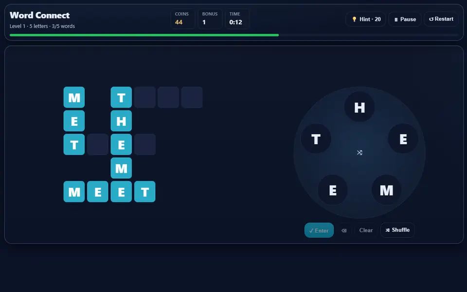Word Connect level 1 with three crossword words filled in and two still hidden, the letter wheel beside it, and the coins, bonus-word count, timer and progress bar above