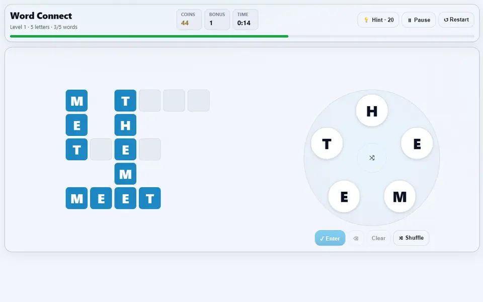 Word Connect level 1 with three crossword words filled in and two still hidden, the letter wheel beside it, and the coins, bonus-word count, timer and progress bar above