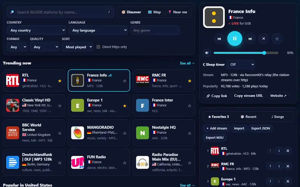 World Radio with France Info live in the Now playing card, a grid of trending stations with filters, and three starred favorites