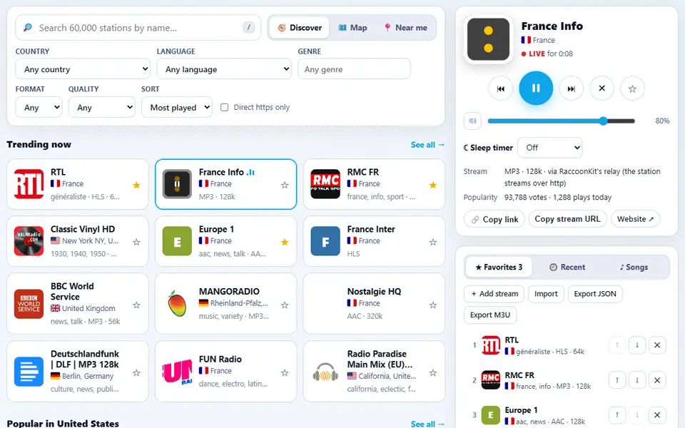 World Radio with France Info live in the Now playing card, a grid of trending stations with filters, and three starred favorites