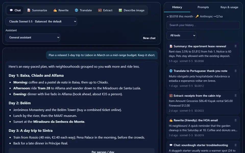 AI Workbench chat with Claude Sonnet planning a three-day Lisbon trip, with day-by-day headings and bullet points, beside this month's spend and the history of earlier summaries, translations and rewrites
