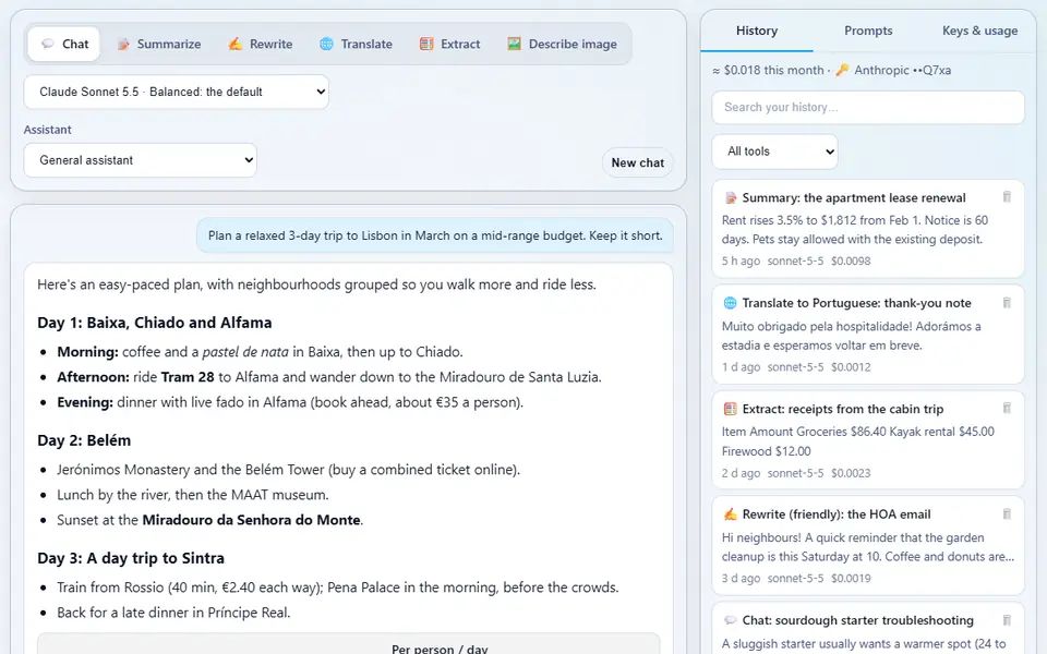 AI Workbench chat with Claude Sonnet planning a three-day Lisbon trip, with day-by-day headings and bullet points, beside this month's spend and the history of earlier summaries, translations and rewrites
