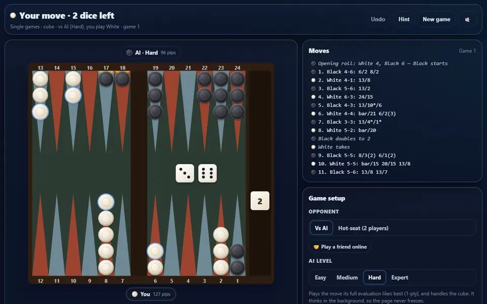 A backgammon game against the Hard AI a few turns in, checkers spread across the points with the dice and doubling cube on the board and the move list on the right