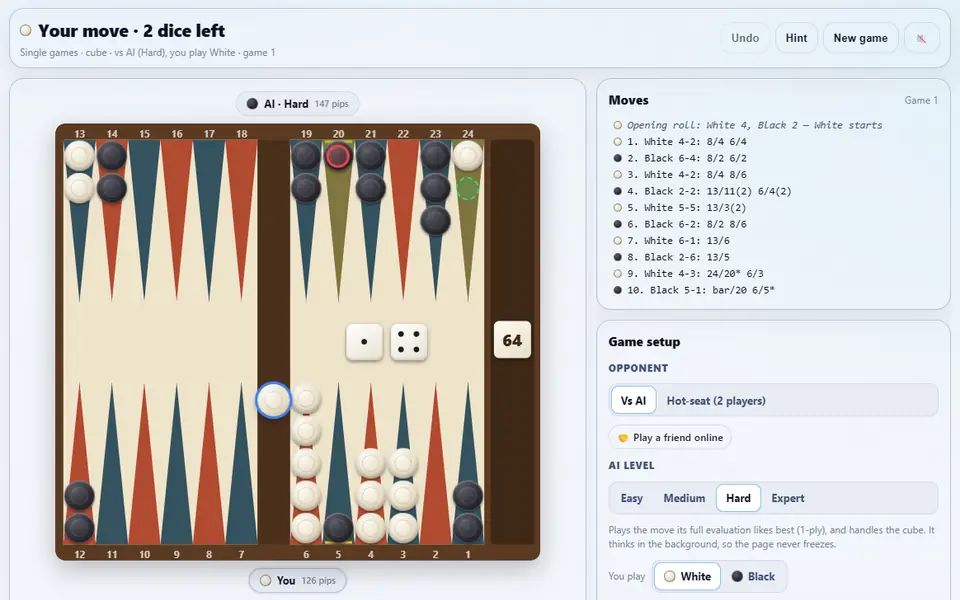 A backgammon game against the Hard AI a few turns in, checkers spread across the points with the dice and doubling cube on the board and the move list on the right