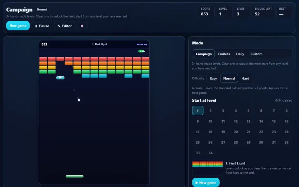 Breakout mid-game on level 1, First Light: rows of coloured bricks, a falling power-up capsule and an active power-up timer, with the campaign level picker on the right