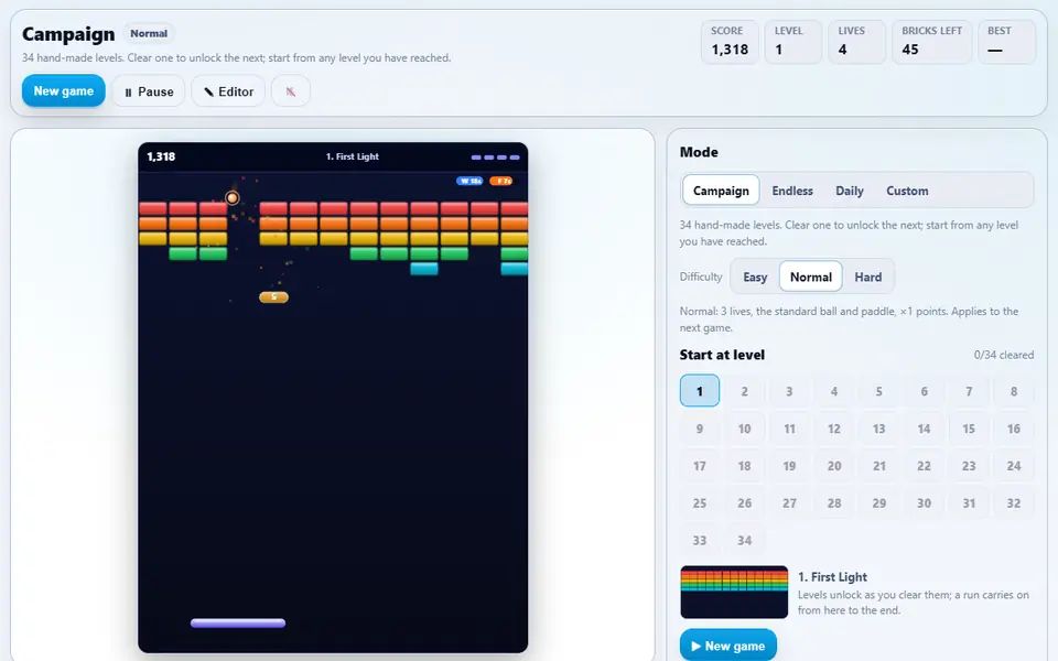 Breakout mid-game on level 1, First Light: rows of coloured bricks, a falling power-up capsule and an active power-up timer, with the campaign level picker on the right