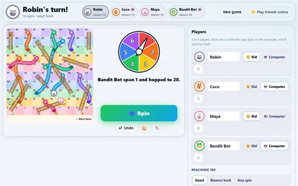 Chutes & Ladders with four tokens spread over the 100-square board of ladders and slides, the coloured spinner, a little story about the last ladder or slide and the Spin button beside it, and the players panel on the right