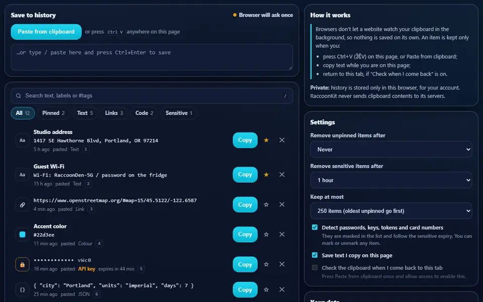 Clipboard Manager history with pinned clips, a masked API token, links, a hex color swatch, JSON and a code snippet, tagged and searchable