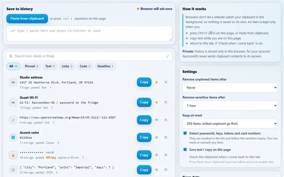 Clipboard Manager history with pinned clips, a masked API token, links, a hex color swatch, JSON and a code snippet, tagged and searchable