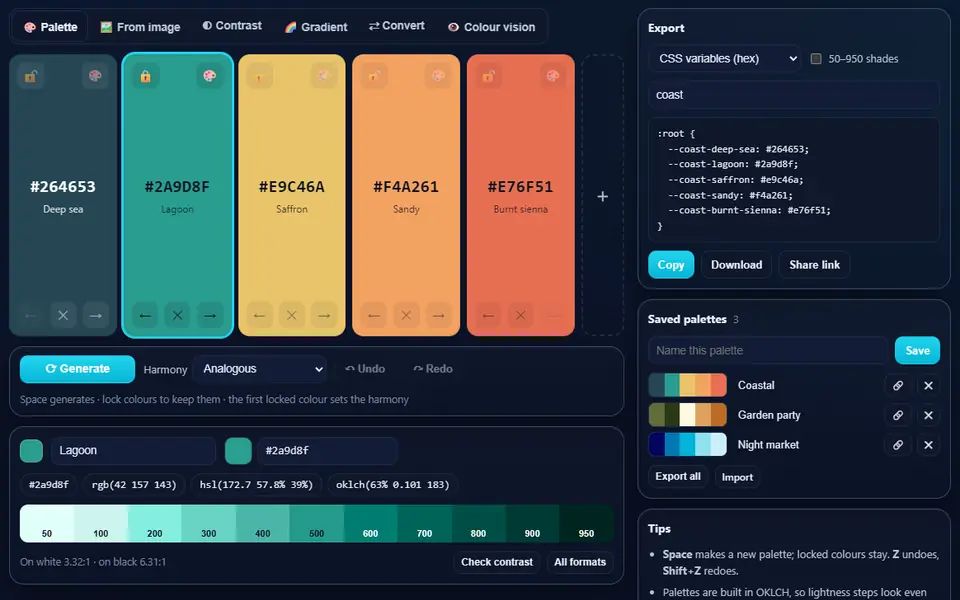 Color Studio with a five-colour coastal palette from deep teal to burnt orange, the Lagoon colour selected with its 50 to 950 shades and formats, a CSS variables export and three saved palettes