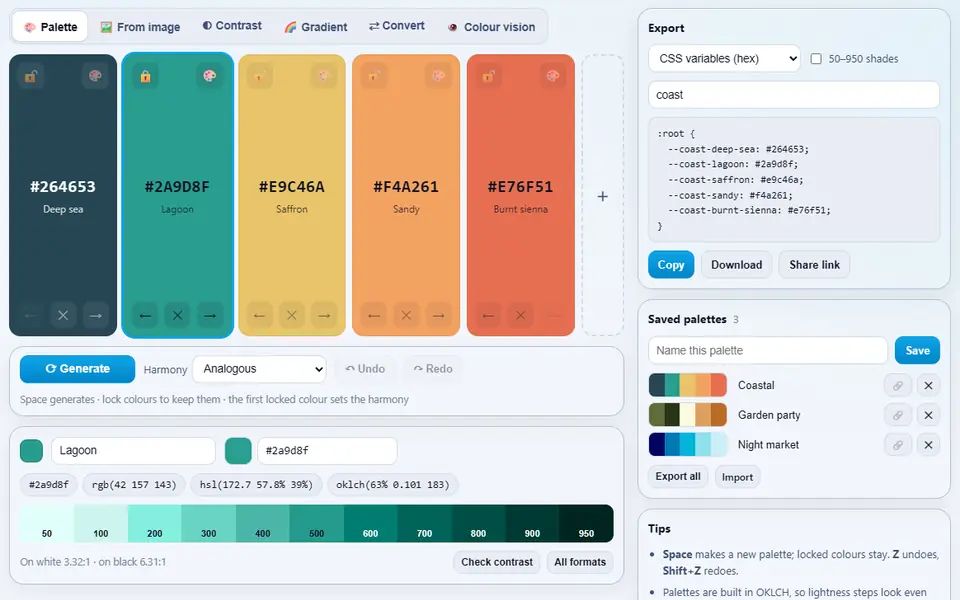 Color Studio with a five-colour coastal palette from deep teal to burnt orange, the Lagoon colour selected with its 50 to 950 shades and formats, a CSS variables export and three saved palettes