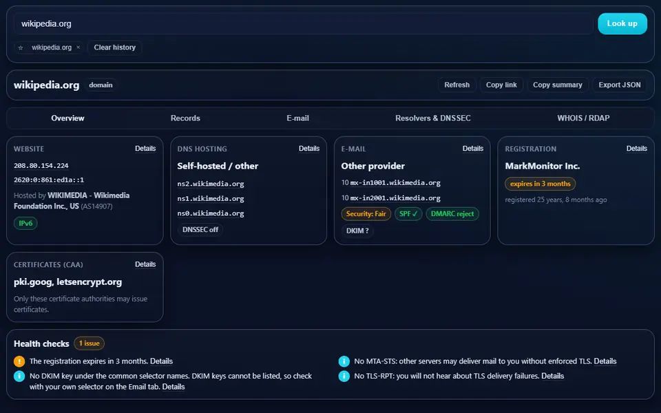 DNS & WHOIS Lookup for wikipedia.org: its web addresses and host, Wikimedia's name servers, mail servers with SPF and DMARC, the registrar MarkMonitor and the allowed certificate authorities, with health checks below