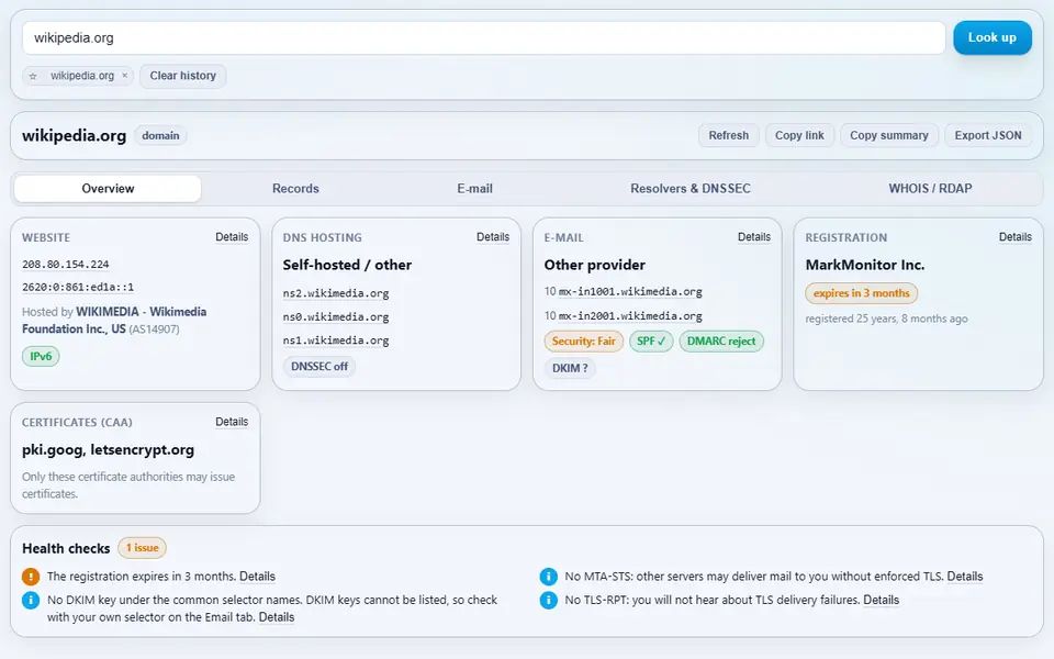 DNS & WHOIS Lookup for wikipedia.org: its web addresses and host, Wikimedia's name servers, mail servers with SPF and DMARC, the registrar MarkMonitor and the allowed certificate authorities, with health checks below
