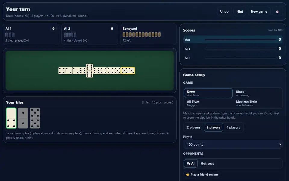 A three-player game of Draw dominoes against two AIs: a line of tiles across the green table, the boneyard, Robin's tiles with the playable ones glowing, and the scores and game setup on the right