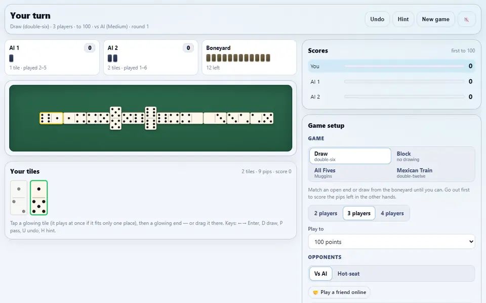 A three-player game of Draw dominoes against two AIs: a line of tiles across the green table, the boneyard, Robin's tiles with the playable ones glowing, and the scores and game setup on the right