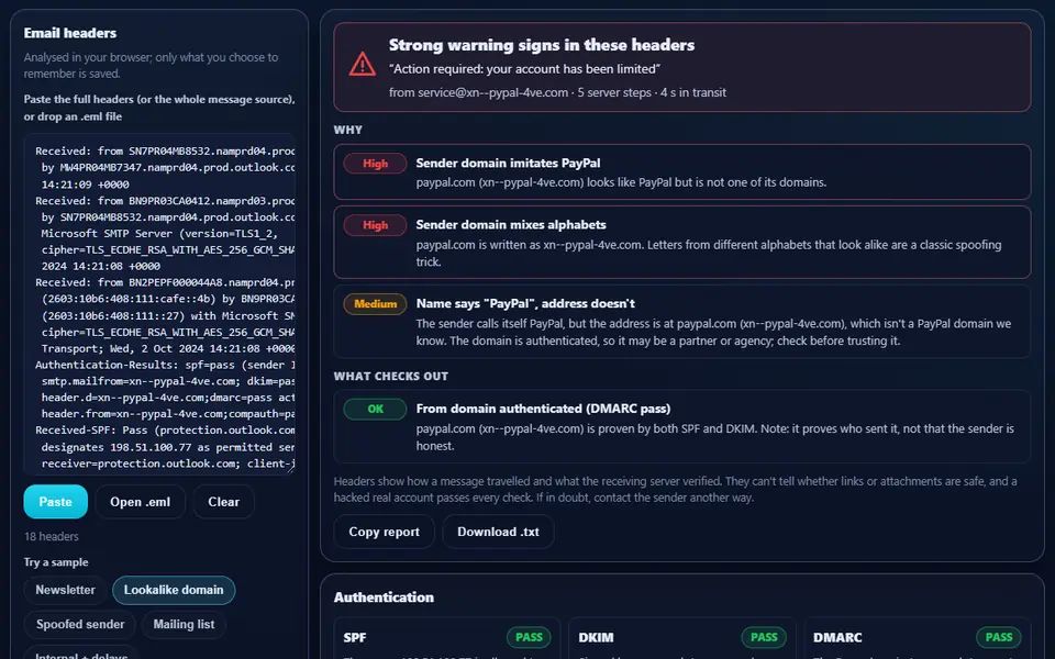 Email Header Analyzer flagging a message from a lookalike PayPal domain: strong warning signs, two high and one medium finding, the passing DMARC check, the pasted headers on the left and SPF, DKIM and DMARC results below