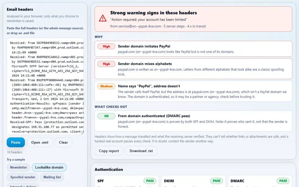 Email Header Analyzer flagging a message from a lookalike PayPal domain: strong warning signs, two high and one medium finding, the passing DMARC check, the pasted headers on the left and SPF, DKIM and DMARC results below