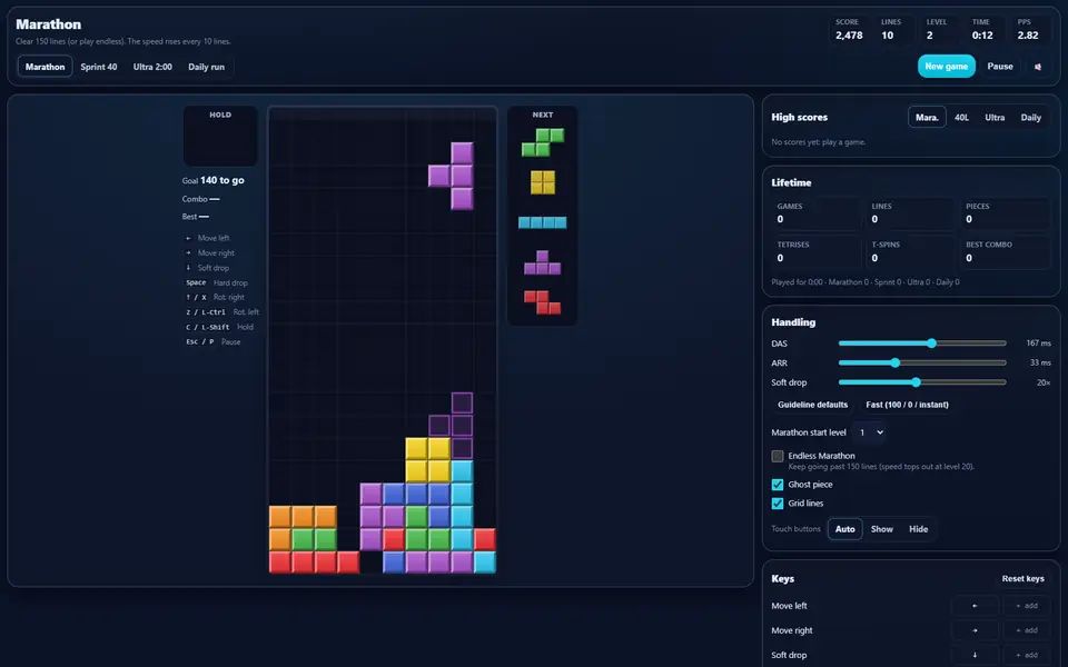 Falling Blocks mid-game in Marathon: a stack of coloured blocks after ten cleared lines, a piece falling with its ghost outline below, the hold box and the next five pieces, the score, lines and level, and the high scores and lifetime stats on the right