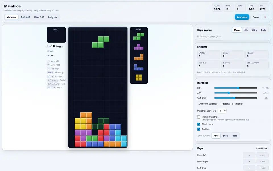 Falling Blocks mid-game in Marathon: a stack of coloured blocks after ten cleared lines, a piece falling with its ghost outline below, the hold box and the next five pieces, the score, lines and level, and the high scores and lifetime stats on the right