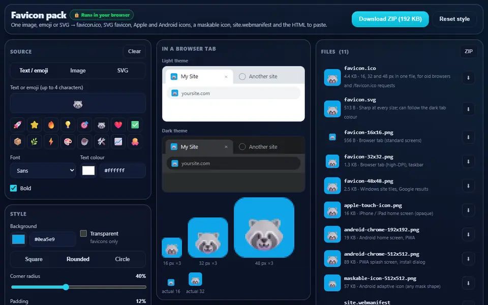 Favicon Pack Generator turning a raccoon emoji on a blue rounded square into eleven files, with previews in light and dark browser tabs and at 16, 32 and 48 pixels