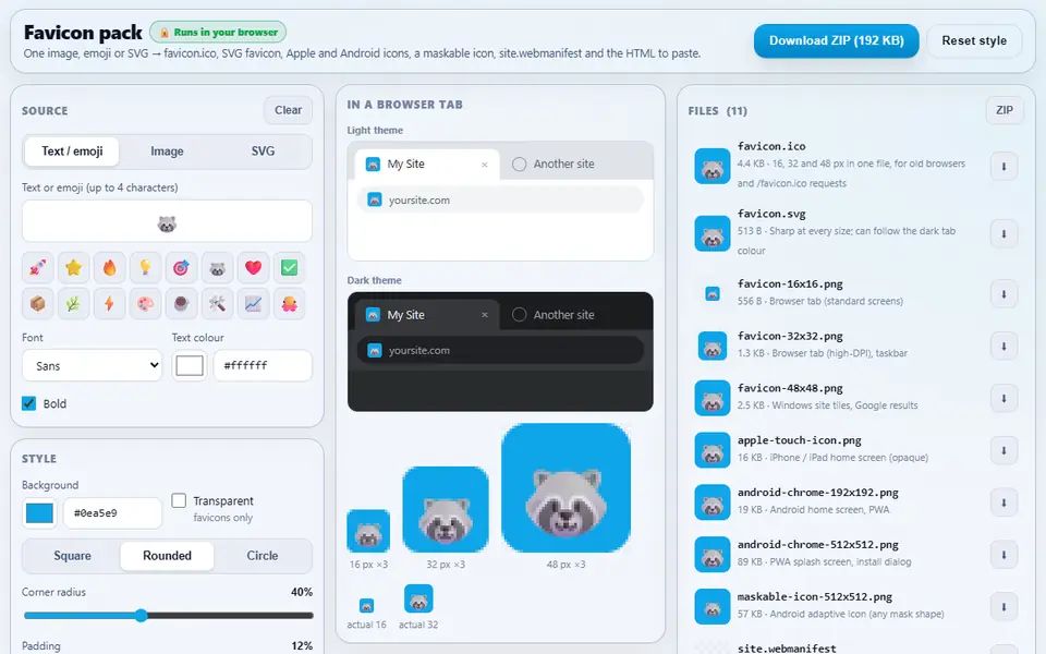 Favicon Pack Generator turning a raccoon emoji on a blue rounded square into eleven files, with previews in light and dark browser tabs and at 16, 32 and 48 pixels