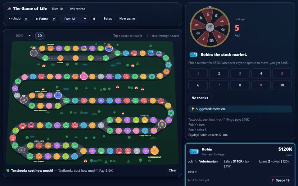 The Game of Life RaccoonKit edition mid-game: four cars on the winding road of paydays, careers and family spaces, the spinner with the latest events, and each player's job, salary, loans and cash on the right