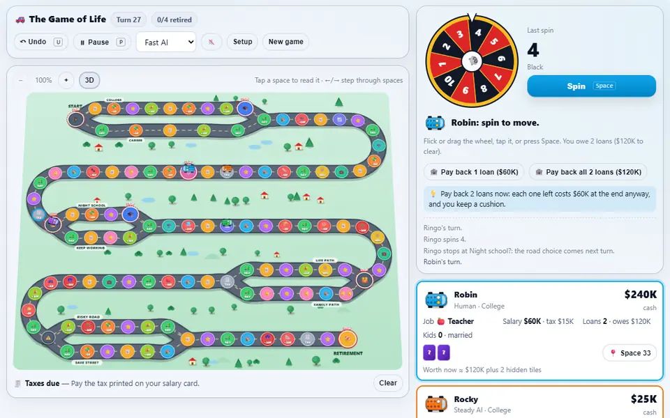 The Game of Life RaccoonKit edition mid-game: four cars on the winding road of paydays, careers and family spaces, the spinner with the latest events, and each player's job, salary, loans and cash on the right