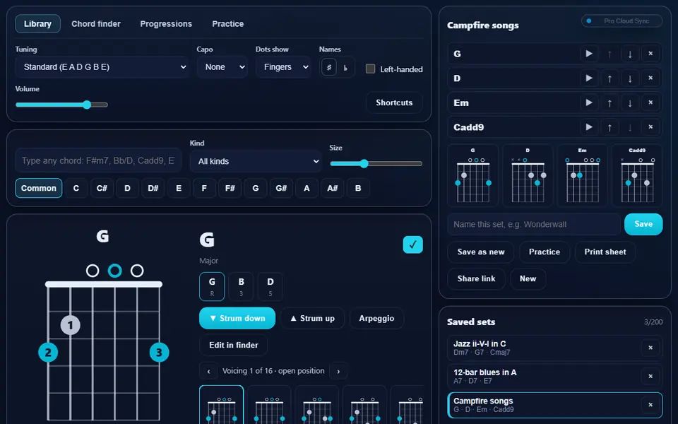 Guitar Chords with a G major diagram and its voicings in the library, the Campfire songs set of G, D, Em and Cadd9 as the current set, and two more saved sets