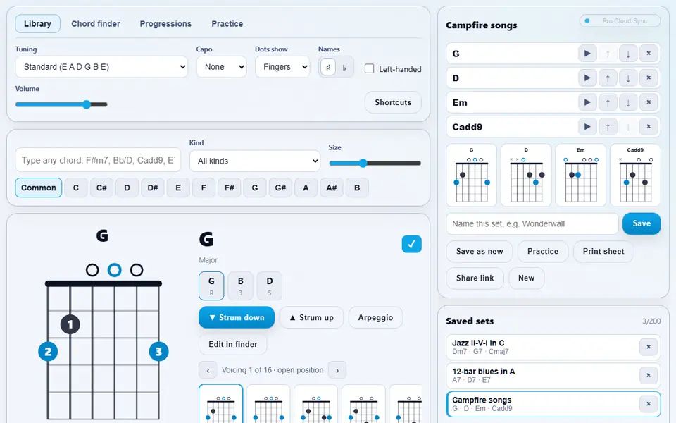 Guitar Chords with a G major diagram and its voicings in the library, the Campfire songs set of G, D, Em and Cadd9 as the current set, and two more saved sets