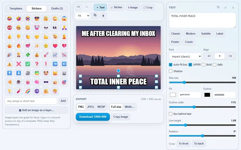 Meme Generator with a painted lake at sunrise captioned ME AFTER CLEARING MY INBOX and TOTAL INNER PEACE in white outlined letters, the stickers library on the left and the text inspector on the right