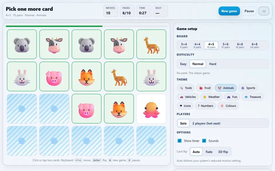 Memory Flip on a 4×5 Animals board with six of ten pairs matched and one card turned face up, the moves, pairs and timer counters above and the game setup with board sizes and themes on the right